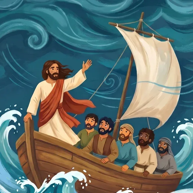 Jesus standing in a small boat, calming the storm