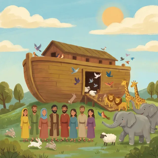 Noah's family and the animals beside the ark